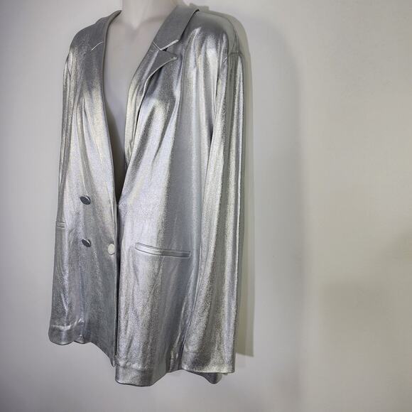 Jennifer Lopez Blazer XL Silver Metallic Jacket Disco Faux Pockets Button Retro - Picture 6 of 11